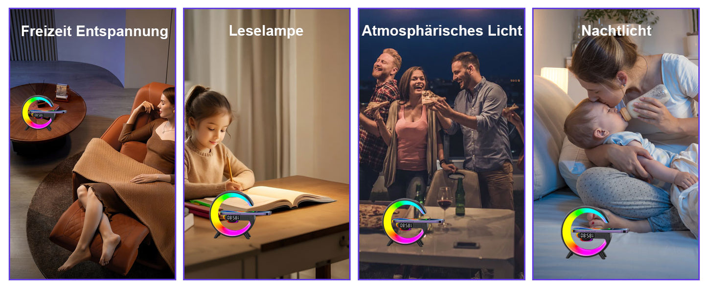 Nachttischlampe mit Uhr und Wecker, G Lampe Atmosphärenlampe Wecker mit Ladestation und Licht 5W Nachttischlampe mit Ladefunktion Led Tischlampe mit Bluetooth Lautsprecher, 10 Lichtfarbe (Schwarz)