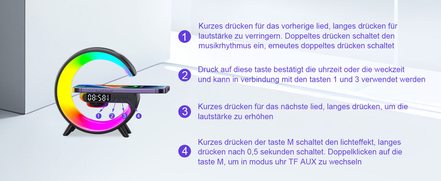 Nachttischlampe mit Uhr und Wecker, G Lampe Atmosphärenlampe Wecker mit Ladestation und Licht 5W Nachttischlampe mit Ladefunktion Led Tischlampe mit Bluetooth Lautsprecher, 10 Lichtfarbe (Schwarz)