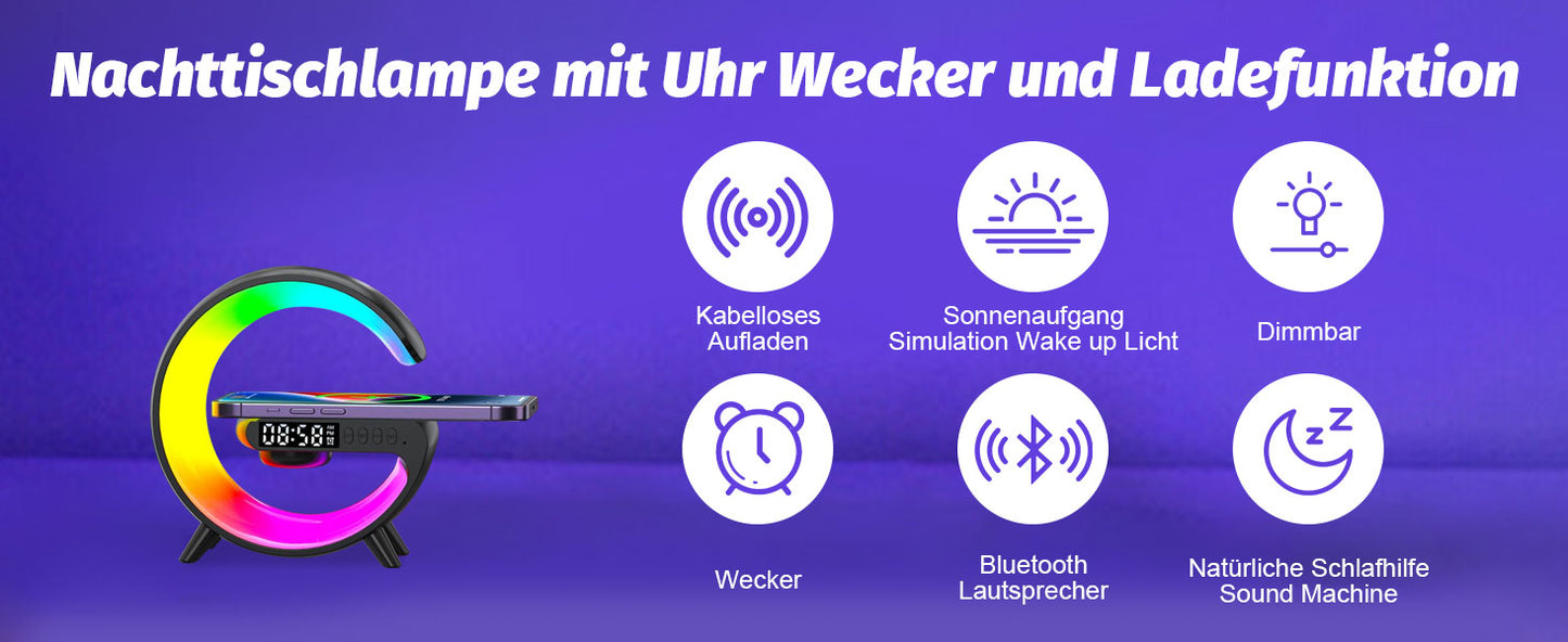 Nachttischlampe mit Uhr und Wecker, G Lampe Atmosphärenlampe Wecker mit Ladestation und Licht 5W Nachttischlampe mit Ladefunktion Led Tischlampe mit Bluetooth Lautsprecher, 10 Lichtfarbe (Schwarz)