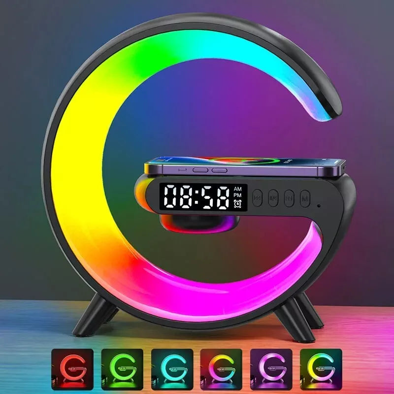 Nachttischlampe mit Uhr und Wecker, G Lampe Atmosphärenlampe Wecker mit Ladestation und Licht 5W Nachttischlampe mit Ladefunktion Led Tischlampe mit Bluetooth Lautsprecher, 10 Lichtfarbe (Schwarz)